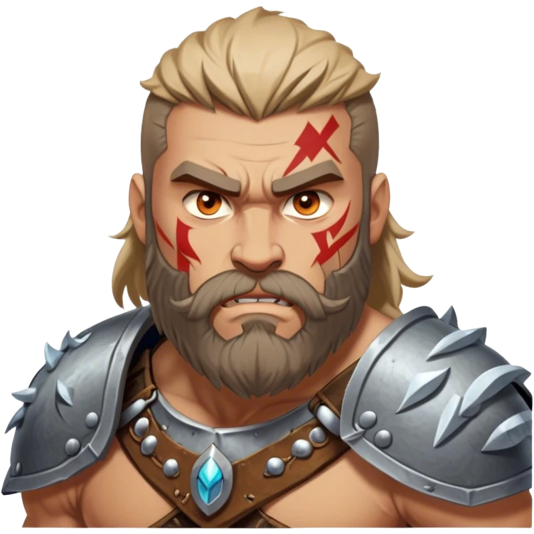 Clash of Clans aesthetic: Cinematic Rugged Barbarian Portrait Emoji, Intense and formidable with a heavily muscled physique, a rugged beard, piercing eyes and battle-worn armor adorned with tribal markings, his complexion a light tan that speaks of hard-fought battles, Simplified yet powerfully detailed features, highly detailed, glowing with a deep, primal energy, high shine, gritty and uncompromising, stylized with an air of raw, untamed power, focused and determined, soft glowing outline, capturing the essence of a barbarian warrior carved by countless battles and poised to lead his clan into epic conflict! emoji