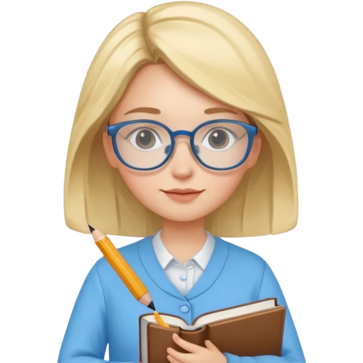 cute girl, glass, smart, Sky-blue colored clothing,
holding a book in one arm and a pen in the other hand.Holding a pen in the right hand as if teaching.Wearing glasses, with a smart and bright-looking face. emoji