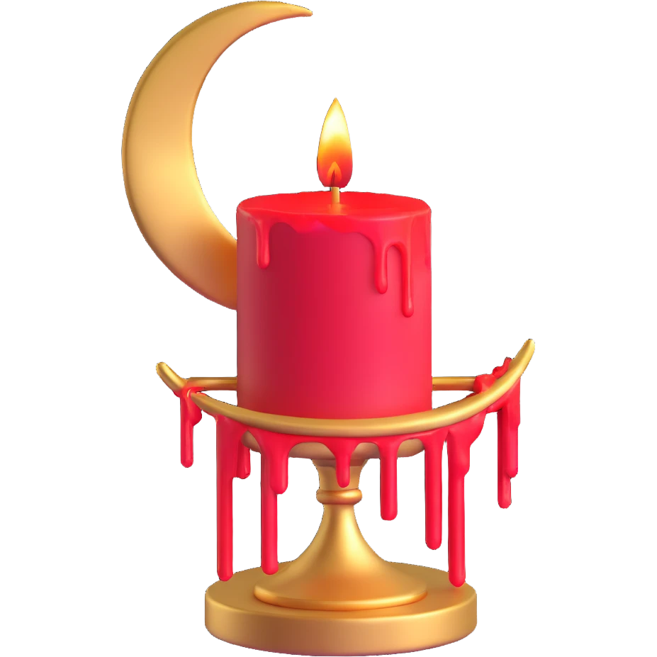 dripping red candle in a gold holder with a crescent moon in the background emoji