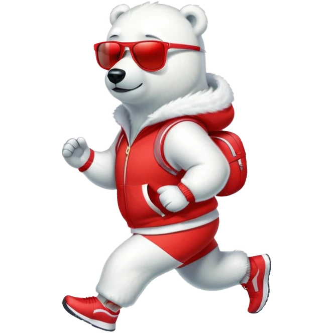 friendly anthropomorphised polar bear jogging upright, wearing bright red tracksuit and dark sunglasses emoji