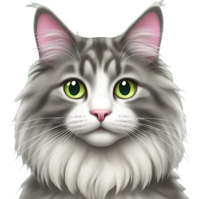 Grey and white Norwegian forest cat with pink nose and green eyes sitting up  emoji