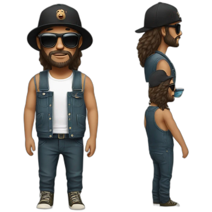 White Hipster with a black bear, long hair, a cap, dungarees and cool sunglasses emoji