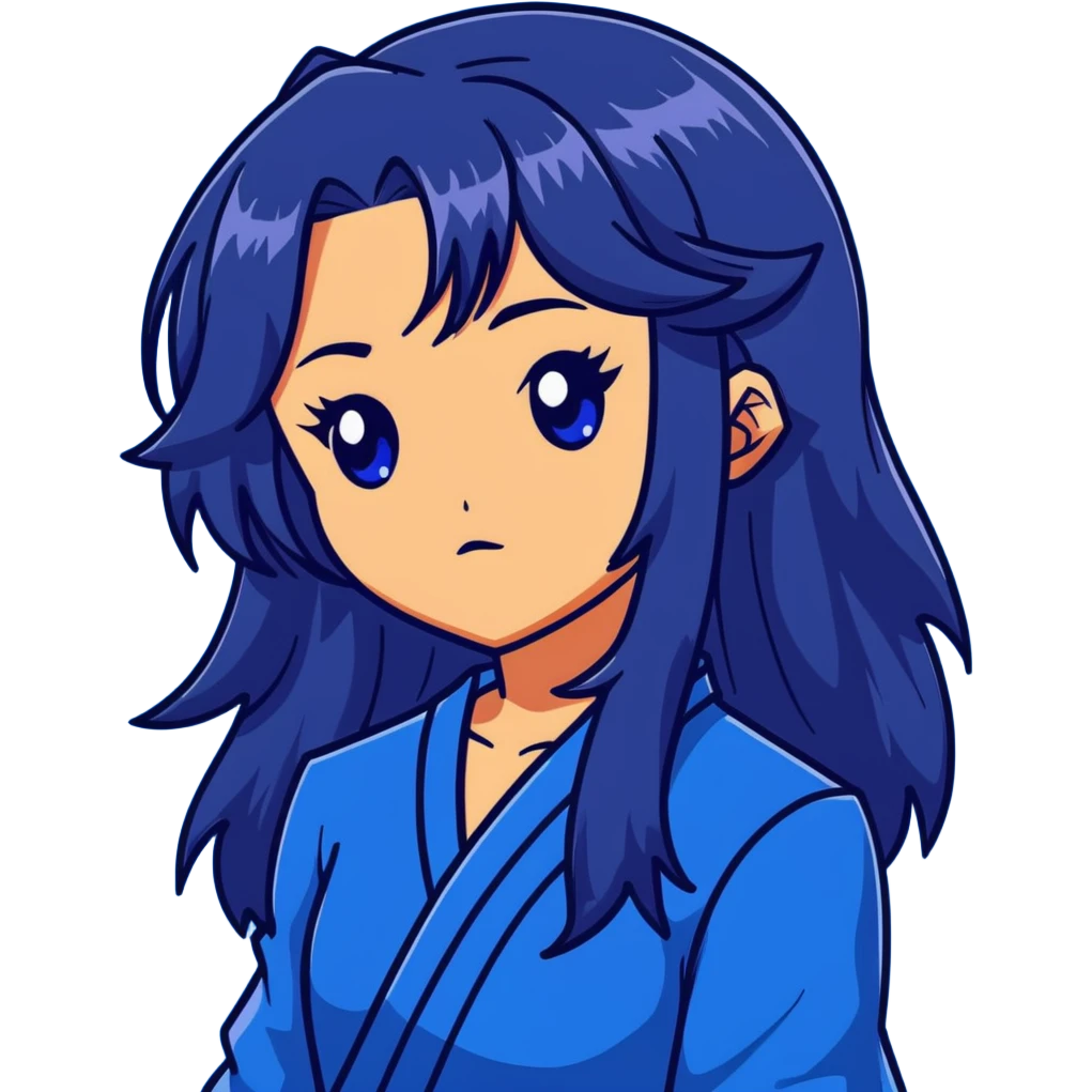 head portrait of anime girl with long dark blue hair, blue rose in hair, intense glaring blue eyes, dramatic JoJo's Bizarre Adventure style expression, sharp angular features, extreme close-up, dynamic pose emoji