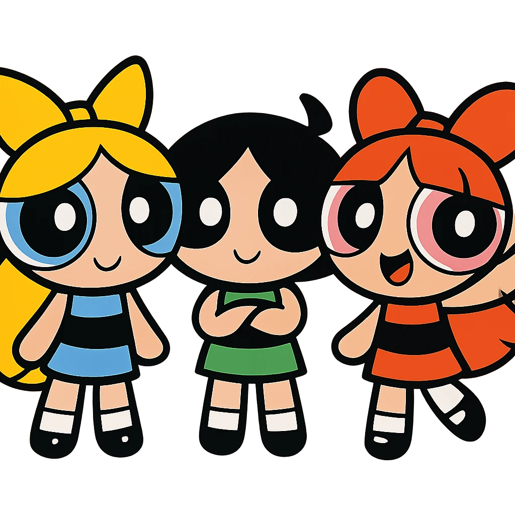 three chibi girls with big eyes and colorful dresses, inspired by the Powerpuff Girls emoji