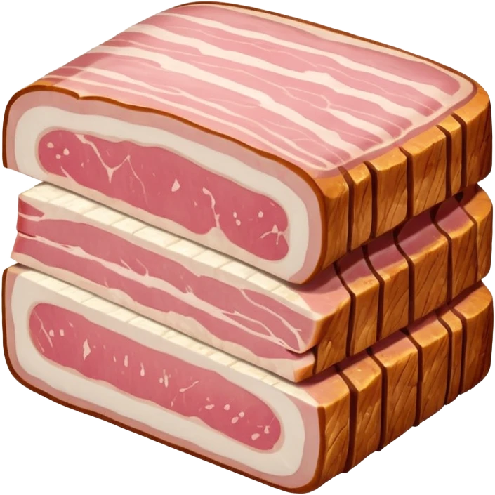 thick slice of raw salted pork belly or shoulder with alternating layers of pale pink meat and creamy white fat, firm slightly glossy surface with visible marbling, rustic artisanal cut, no packaging, no vegetables, no garnish, soft lighting, subtle shadows, emoji scale emoji