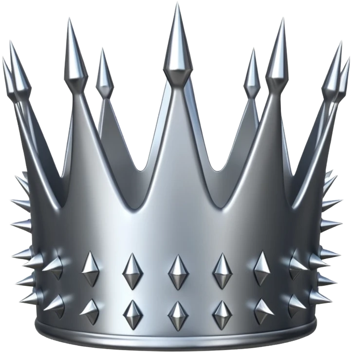 A spiked crown emoji made of silver chrome, sharp yet rounded metallic ...