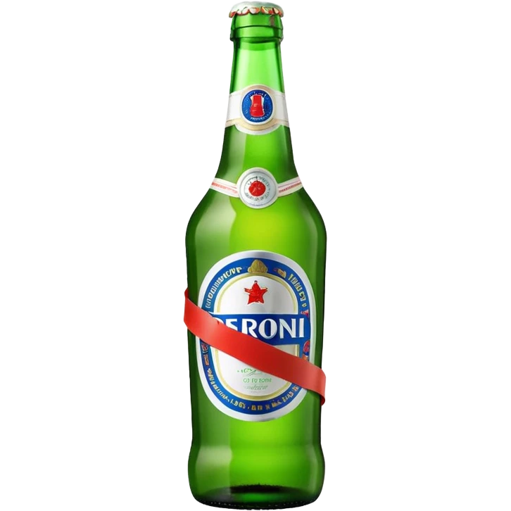 Glass bottle Peroni with red marketing tape emoji