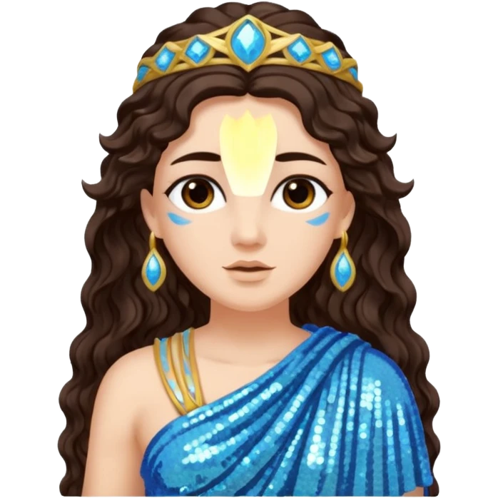 Minerva, Goddess of Wisdom from Roman Deities with long dark brown wavy hair, light blue sequin toga emoji