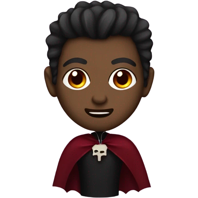 vampire, with brown skin red eyes, with two fangs wearing a burgundy and red  cape emoji
