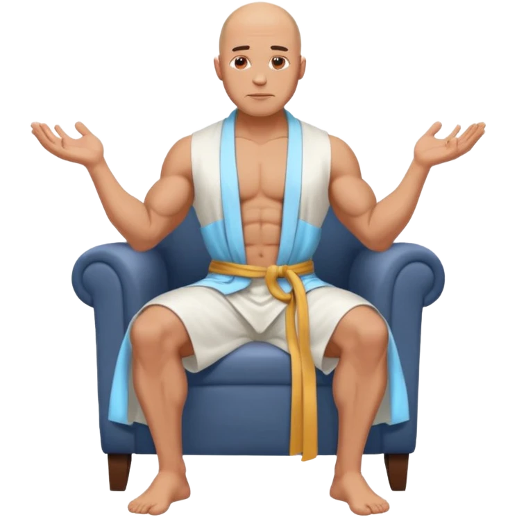 fullbody jacked bald guy, sleeveless and unbuttoned in full white robe sitting without chair and hands down emoji