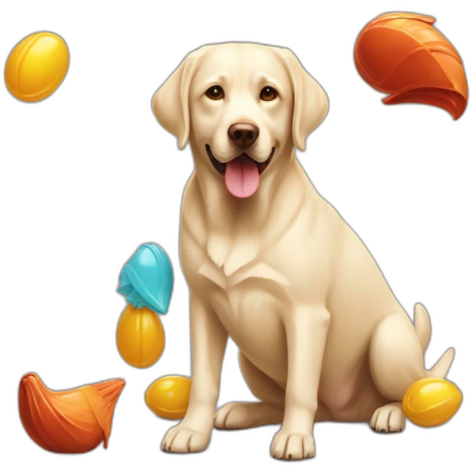 Chocolatz-labrador-playing-with-plastic-rooster emoji