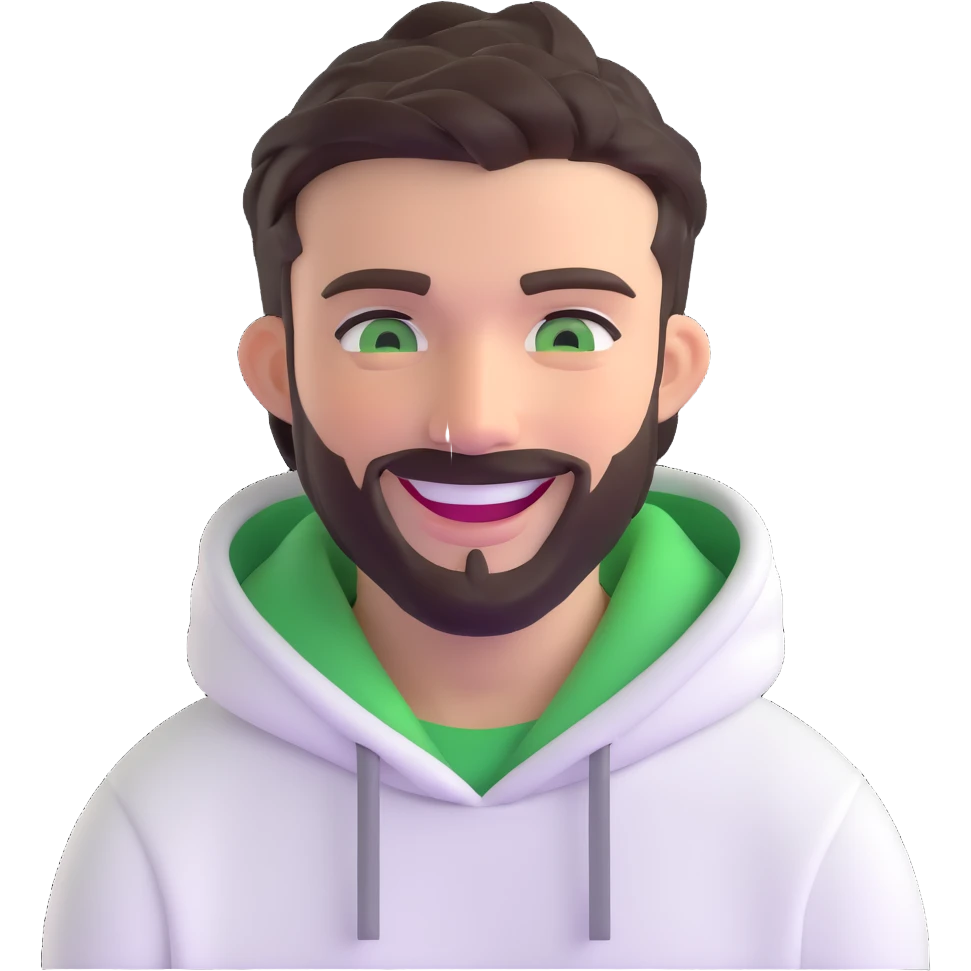 laughing guy with white hoodie, green eyes, dark brown undercut hairstyle and a short full beard emoji