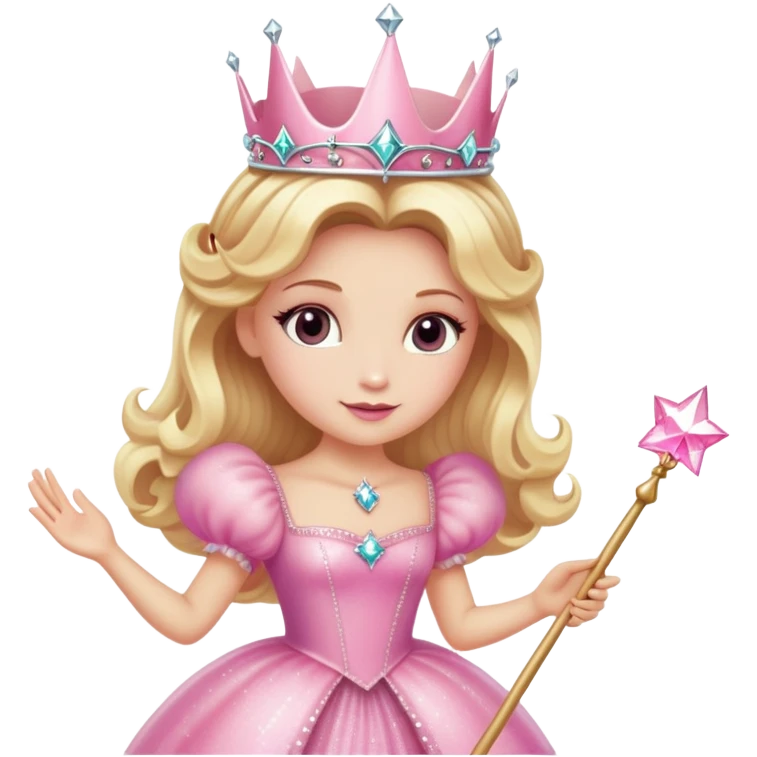 Glinda the Good Witch with blonde hair, sparkly crown, pink puffy dress, and magic wand emoji