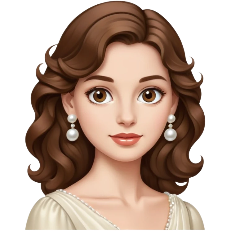 Elegant British girl with wavy hair and pearl earrings, refined features emoji