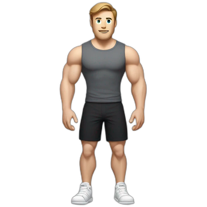 Full height Actively gesturing with hands Pale skinned Fit Man With the biceps and brown hair in dark gray Sleeveless Mike, black oversize sports shorts and white Sneakers emoji