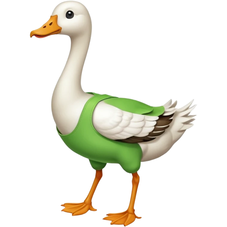 "Emoji of a white running goose with a very long neck and two legs. The goose wears bright green dungarees." emoji