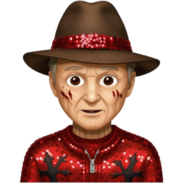 Freddy Krueger with tan burned skin, red sequin sweater, dark brown sequin jacket and hat emoji