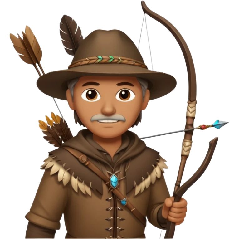 A classic middle-aged hunter with a bow and arrow on his back, dressed in brown clothes and decorated with feathers or bone teeth emoji