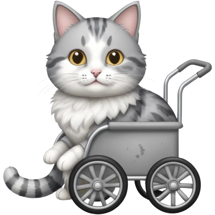 grey and white cat in a pet wheelchair emoji