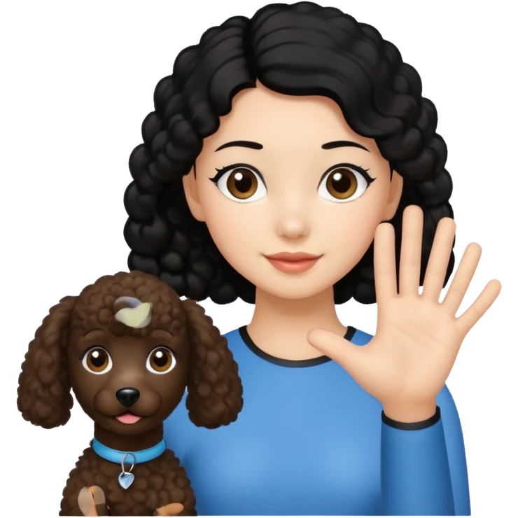 Ponytail black hair girl with brown Poodle say goodbye  emoji
