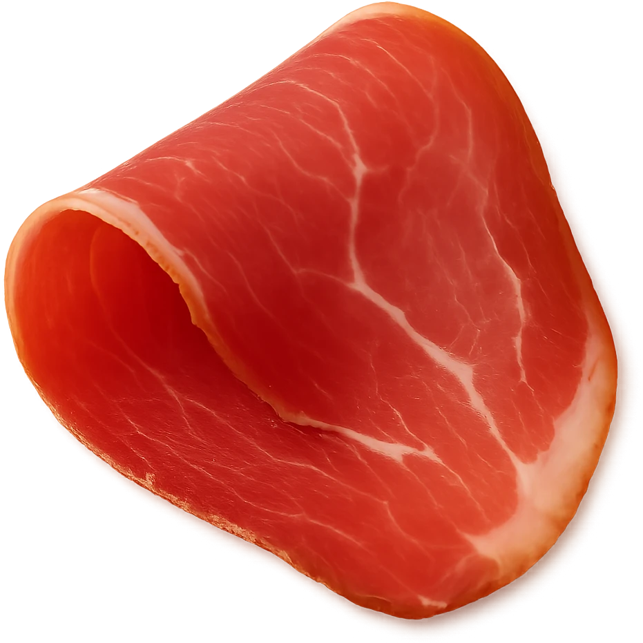 Show only one thin, delicately folded slice of dry-cured ham (jambon cru) with deep pink to reddish hue and visible streaks of white fat. Texture should be silky, slightly translucent, and marbled, with a natural fold or curl. Fat should look creamy and well integrated. Clean 3D, soft lighting, transparent background, emoji scale. emoji