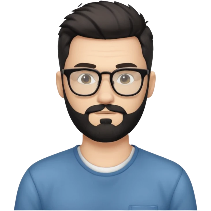 یه پسر سفید پوست با ریش مشکی و مدل موی جذاب که موهاش رو به بالاهست و عینک زده مدل موهاش فید کم (low fade)باشه و لباسش هم رسمی نباشه emoji