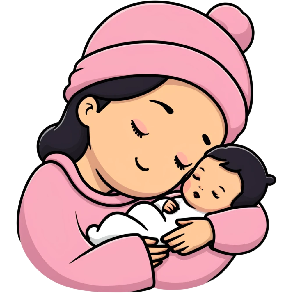 mother tenderly holding sleeping newborn baby wearing pink knit hat emoji