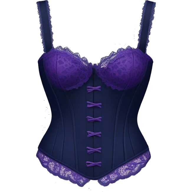 Realistic isolated side view of a navy blue  bustier with purple lace and straps. emoji
