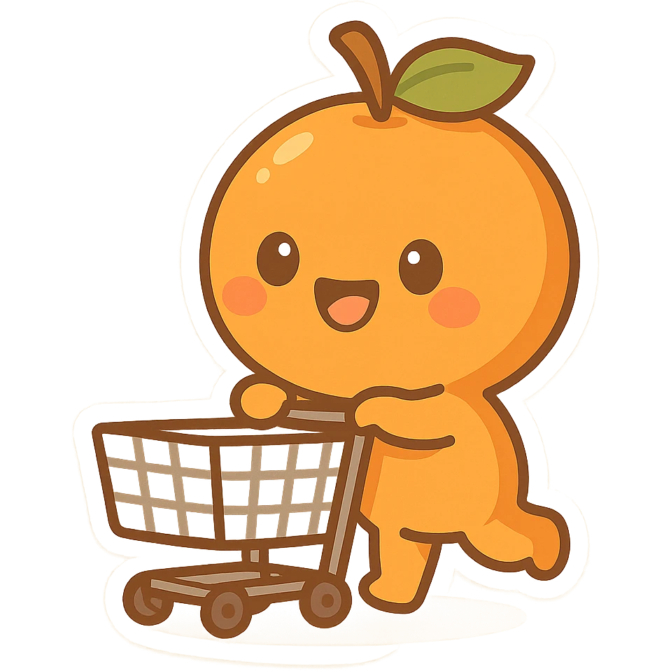 an orange carrying a shopping cart, simple, fun, mascot style emoji