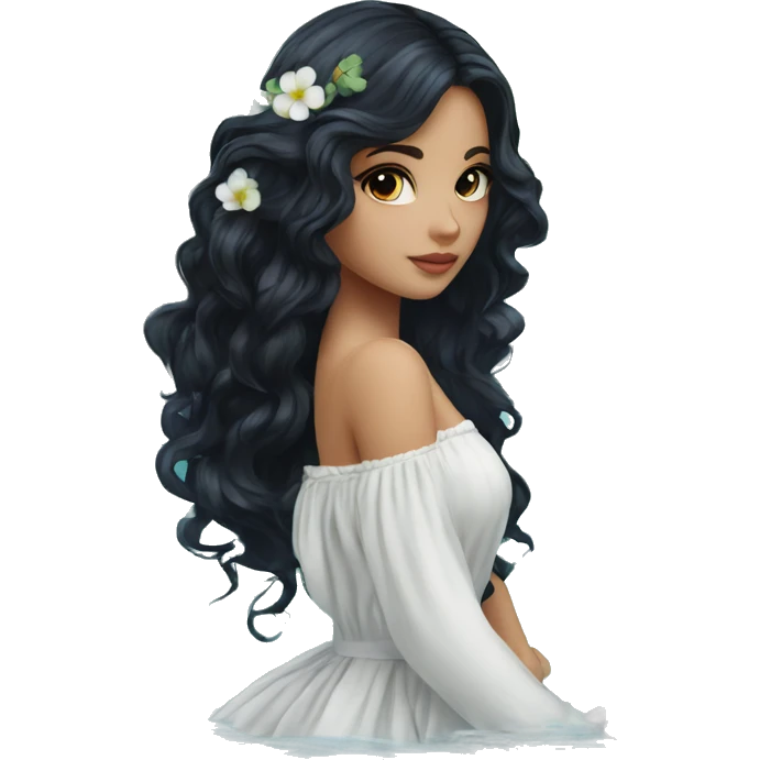 Pretty young Lady doll posing posed pose with long black hair flowers in hair white dress surrounded by flowing water emoji
