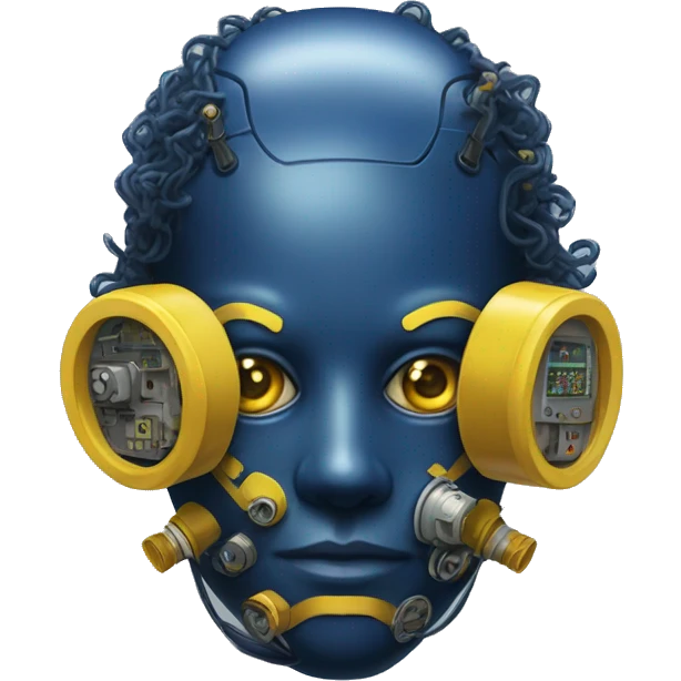 Dark Blue curly hair cyborg head with yellow respirator mask and circuitry emoji