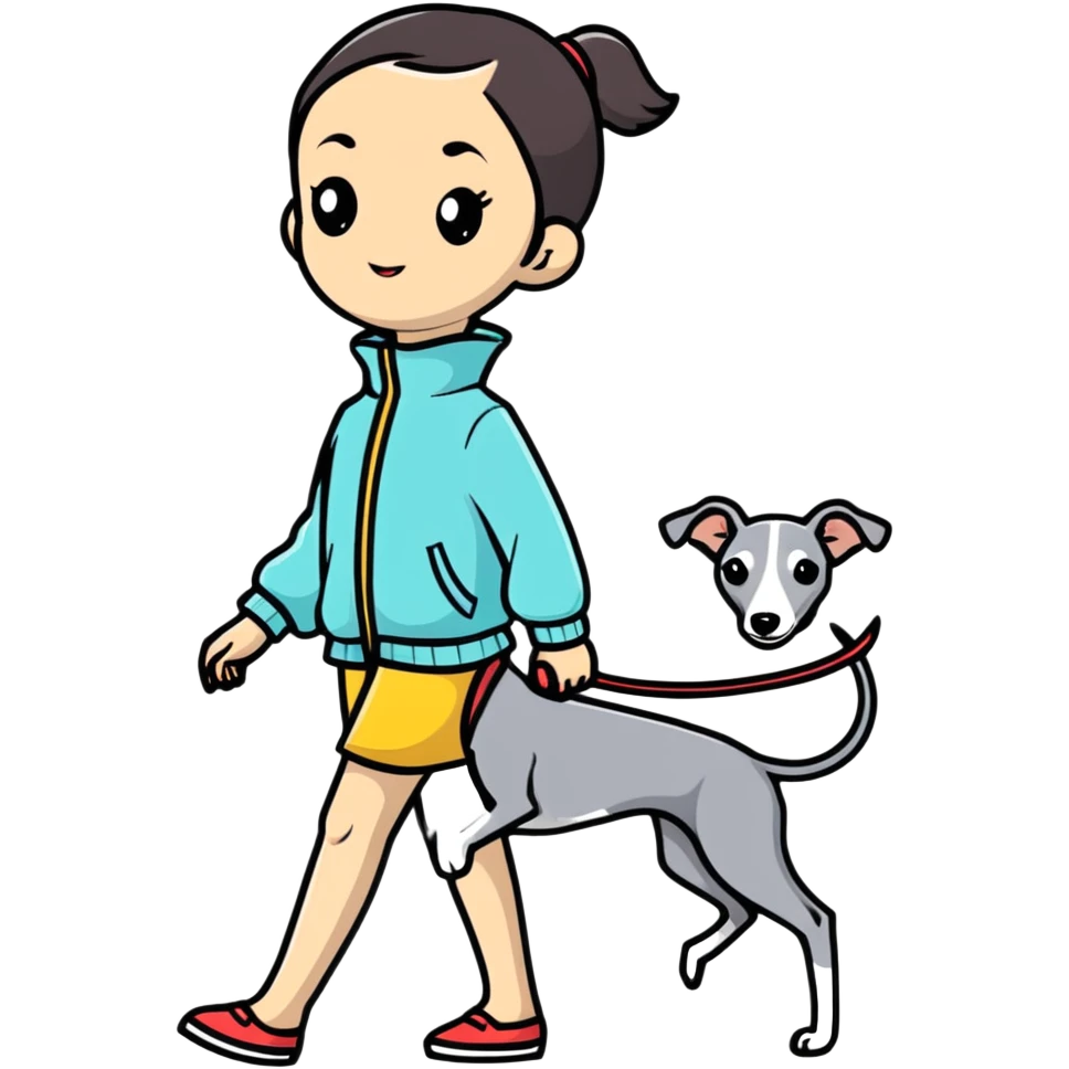 Asian girl walking an all grey Italian greyhound emoji