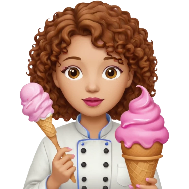 woman brown curly hair, chef, eating pink ice cream emoji