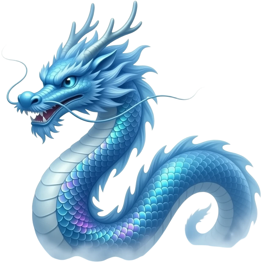 A blue Chinese serpentine dragon emerges from the sea and hovers above the surface. emoji