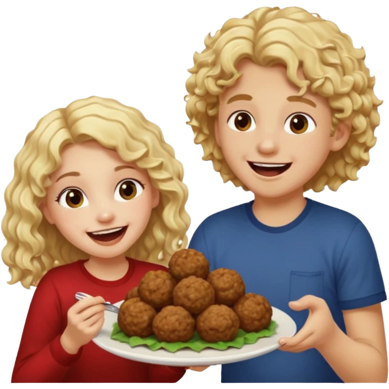 Ragazza bionda leggermente riccia e lunghi che ride ad un ragazzo con i capelli ricci scuri mentre mangia polpette emoji