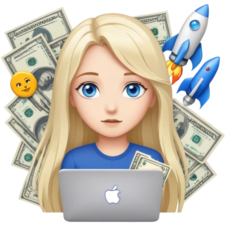 create pack of stickers where me (girl with blue eyes and long fair har) working with Meta ads, it could be facebook logo, tablue logo, google sheets logo, money, data tables, rocket, My Drama app logo or me watching vertical series etc. emoji