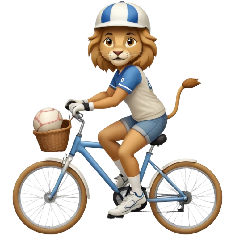 confident anthropomorphised female lion wearing a baseball shirt, jeans, trainers, and a cycling helmet, riding a bicycle emoji