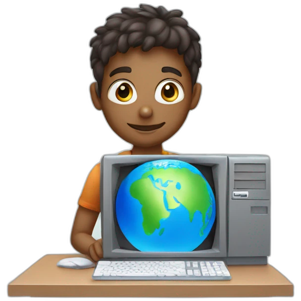 A boy with a computer and the planet Earth behind emoji
