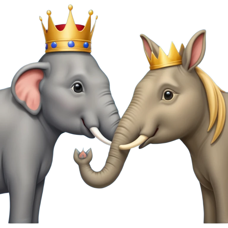 Democratic Party elephant facing Republican Party donkey with King Trump inbetween emoji