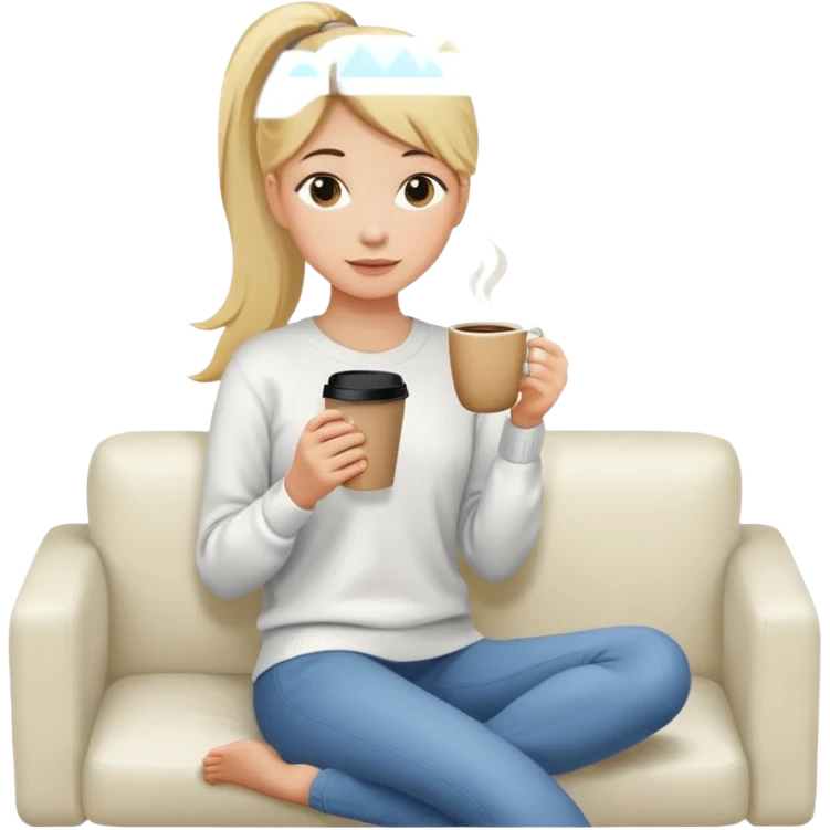 girl with long blonde ponytail holding coffee cup sitting on white couch emoji