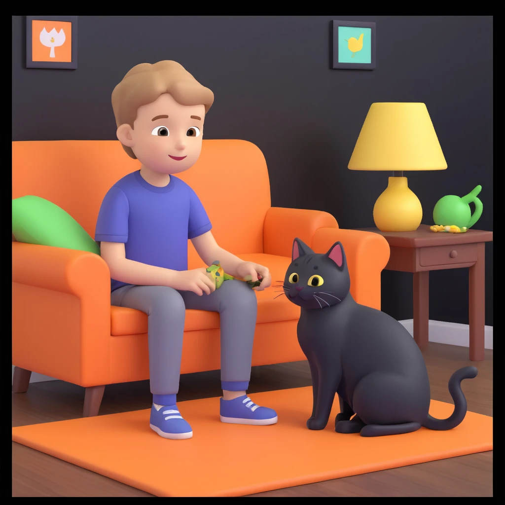 boy and cat pet, living room background emoji