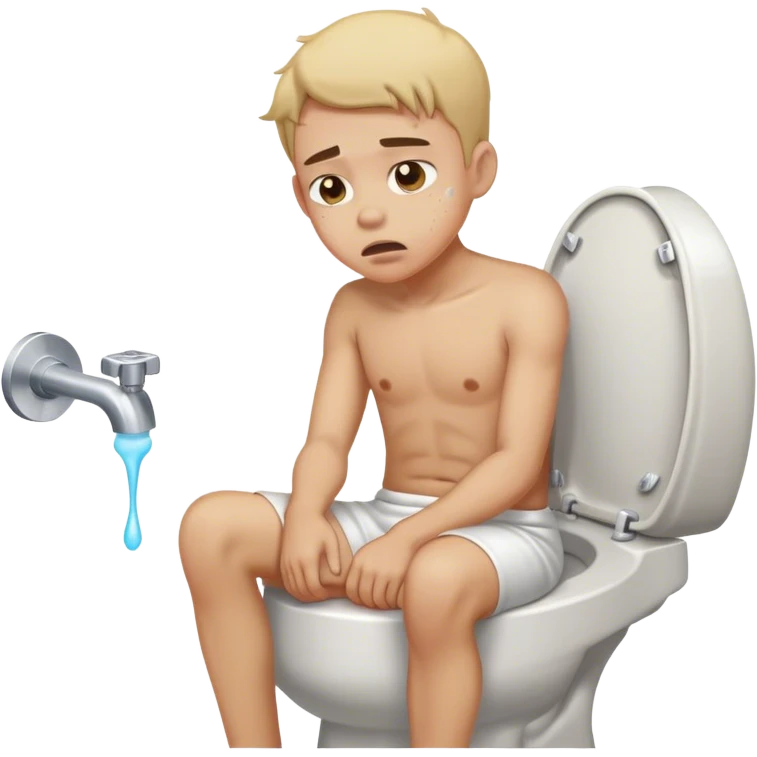 Young man sitting on a toilet sweating in pain emoji