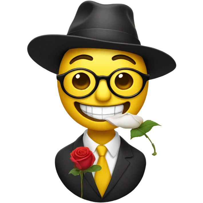 A yellow man with glasses and a hat on his head holds one rose in his teeth emoji