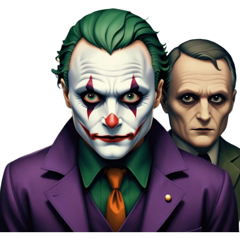 Icon for Thriller Movies: A dramatic close-up collage with iconic characters like Joker and Hannibal Lecter. Set against a dark, moody cityscape with shadows and ominous lighting. A suspenseful atmosphere with eerie tones. Transparent background. emoji