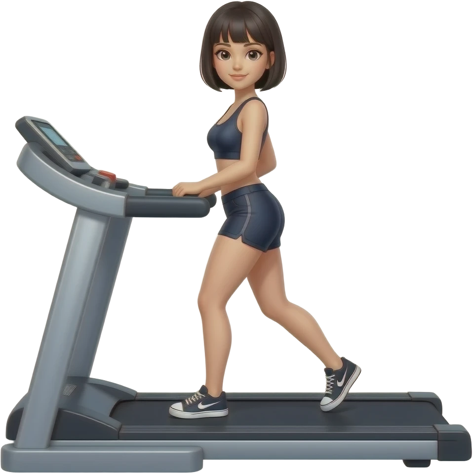 fitness model with black short cut hair on a treadmill, view from the front emoji