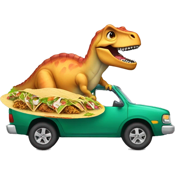 dinosaur in car with tacos emoji