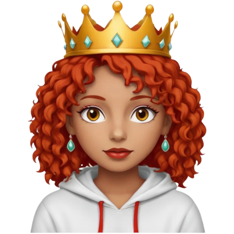 
Slim girl with a fine face, dark and tanned skin, medium-length curly tomato-red hair, dark eyes, medium-thick eyelashes, and a crown and earrings, wearing a white hooded sweatshirt. emoji