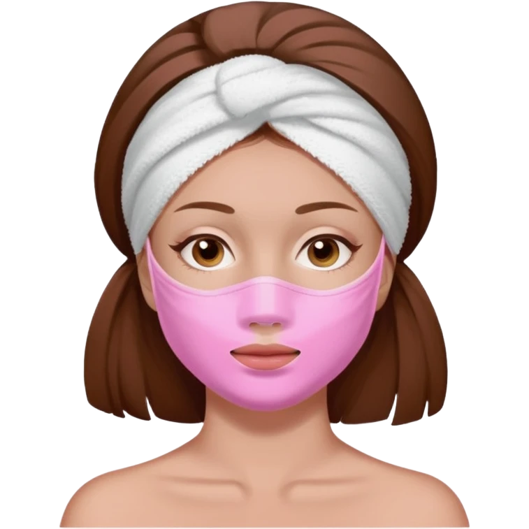 A woman with brown hair, a white towel wrapped around her head. Her face is covered with a pink skincare mask applied to the T-zone and cheeks emoji