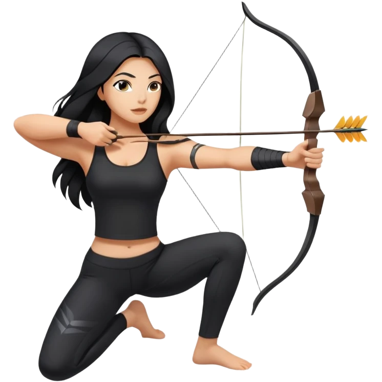 woman tanned long black hair, shooting arrow , black yoga clothes emoji