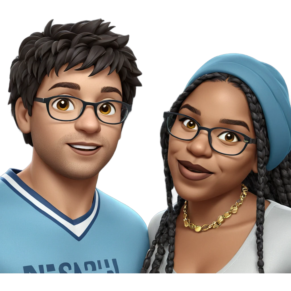 young couple in stylish accessories emoji